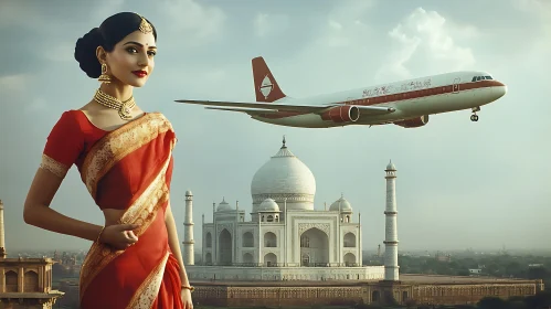 Indian Beauty and Flight Over Taj Mahal