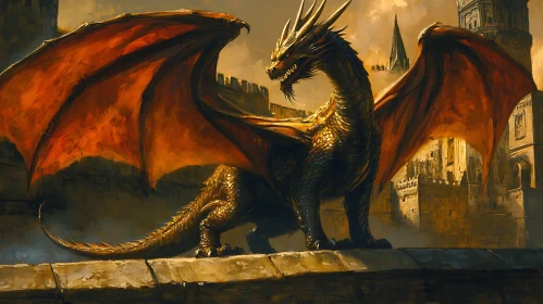 Fantasy Dragon on Castle Ramparts Digital Art