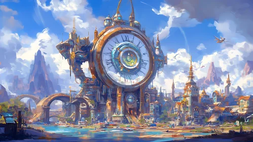 Steampunk Metropolis with Giant Clock