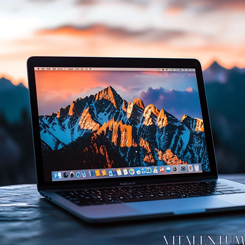 Laptop Displaying Mountain Sunset Outdoors AI Image