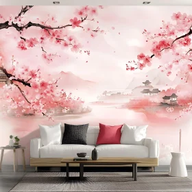 Serene Living Room with Cherry Blossom Decor