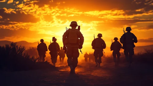 Silhouette of Soldiers at Sunset