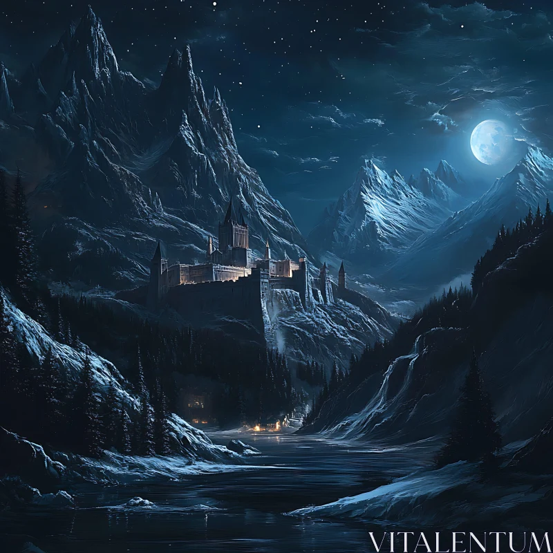 Mountain Castle at Night AI Image