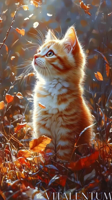 AI ART Curious Kitten Among Fall Leaves