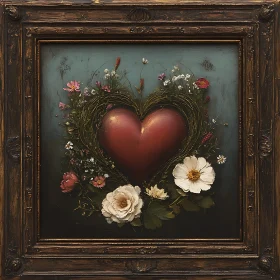 Floral Heart Wreath on Teal Background