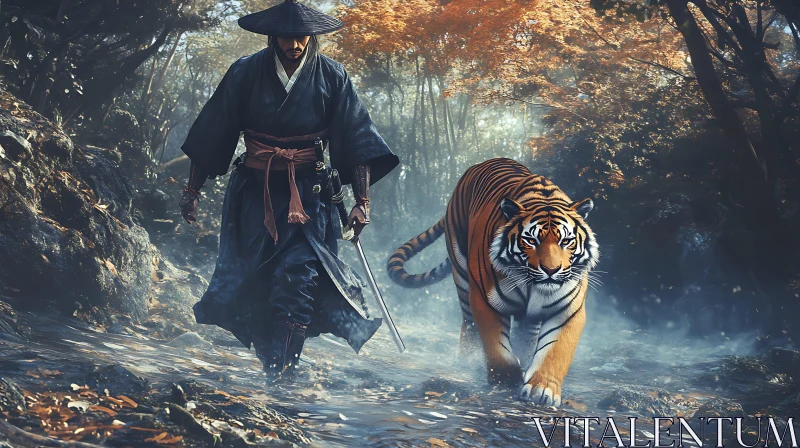 Warrior and Tiger in Misty Woods AI Image