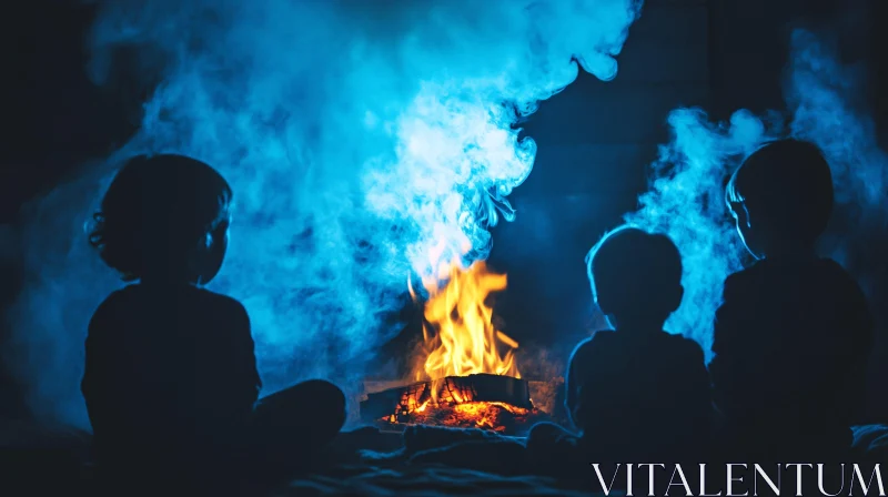 Silhouette Kids Around Campfire AI Image