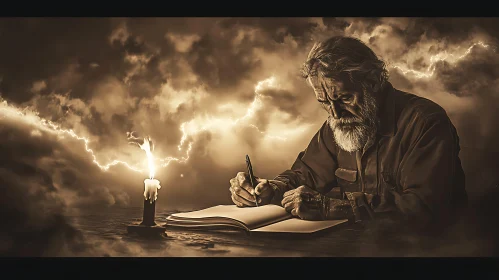 Sepia Portrait of Man Writing by Candle