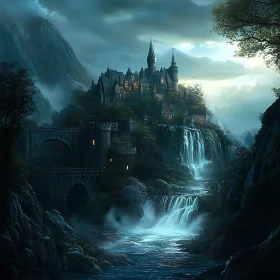 Enchanting Castle Vista with Waterfalls