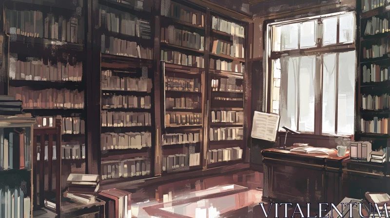 Captivating Painting of a Library: Books, Desk, and Warm Colors AI Image