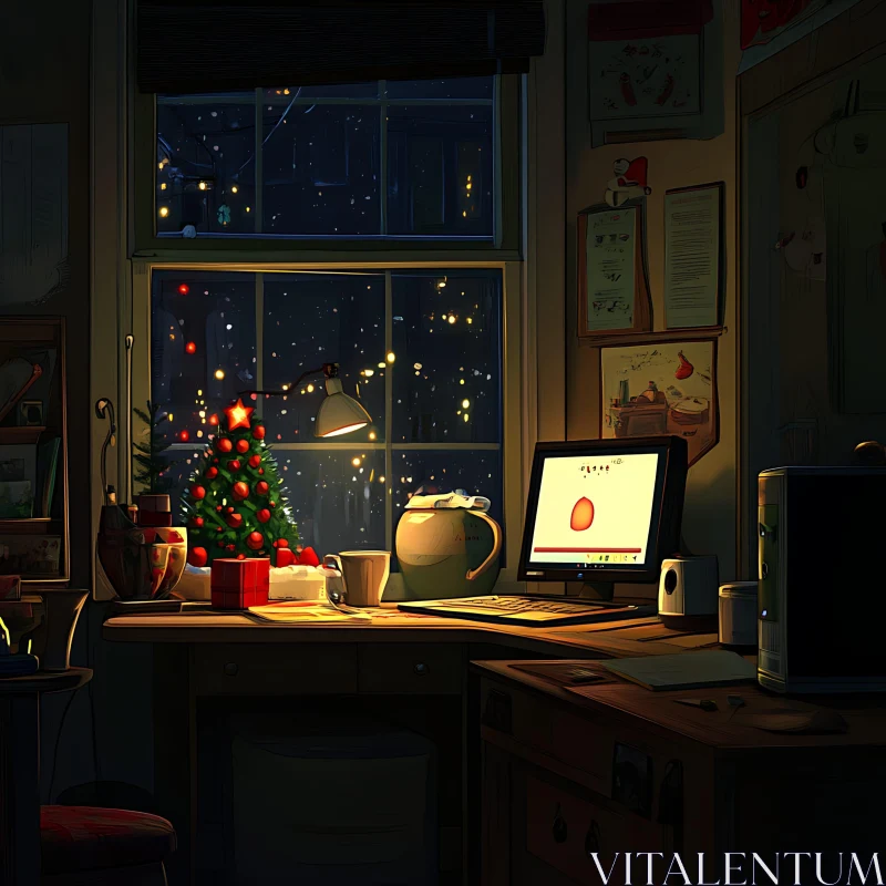 Festive Home Office Scene with Snowy Night AI Image