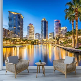 City Skyline at Nightfall with Reflections on River