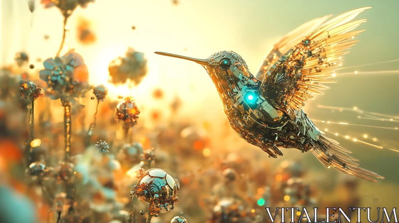 Robotic Bird Among Metallic Flowers AI Image