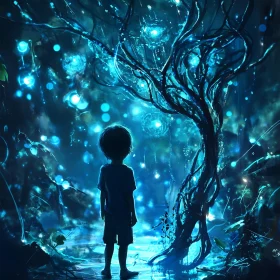 Boy Looking at Glowing Tree