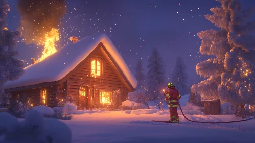 Nighttime Cabin Fire in Snow with Firefighter