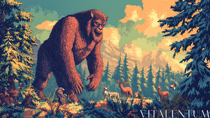 AI ART Sasquatch Encounter with Wildlife