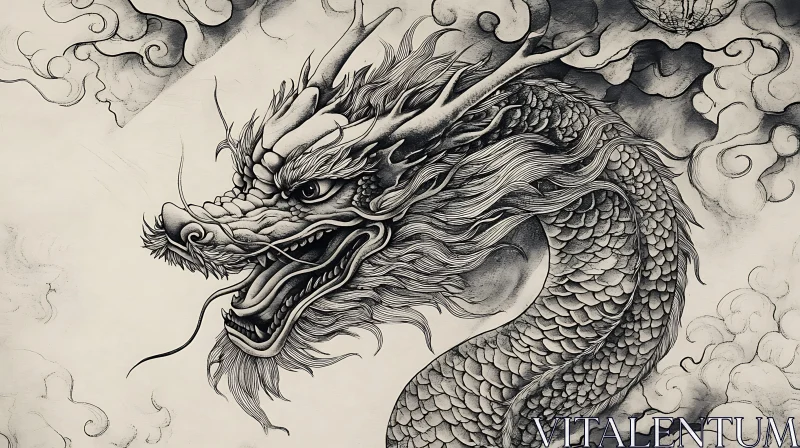 AI ART Monochrome Dragon Drawing with Cloudscape