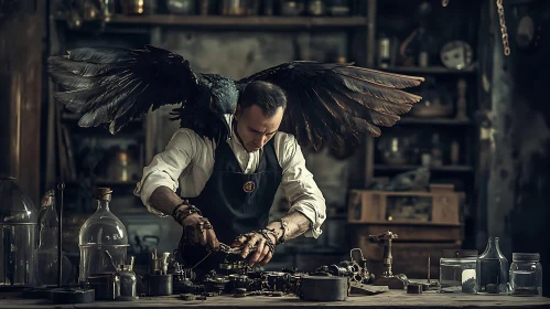 Man and Raven in Steampunk Workshop