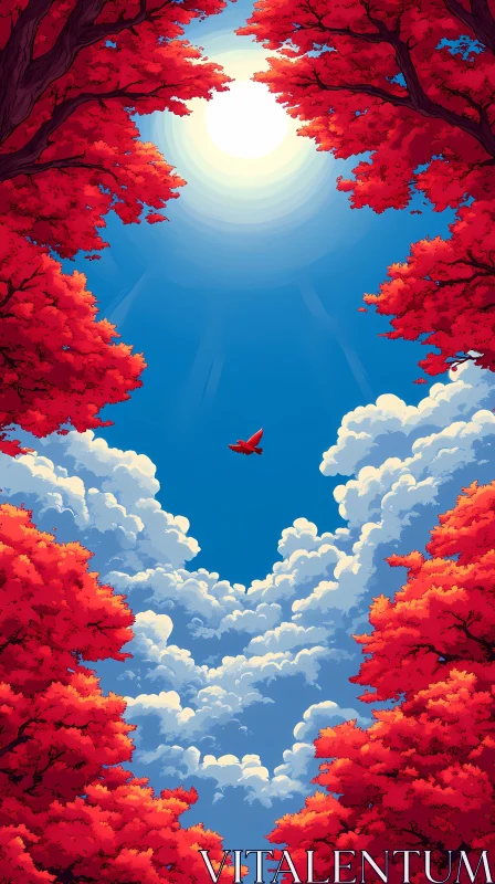 Bird in a Crimson Canopy AI Image