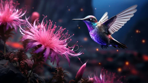 Flying Hummingbird amidst Purple Flowers - Storybook Concept Art