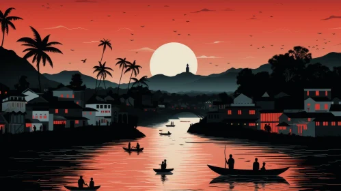 Folk-Inspired Vietnamese Island Sunset - Romantic Riverscape Illustration