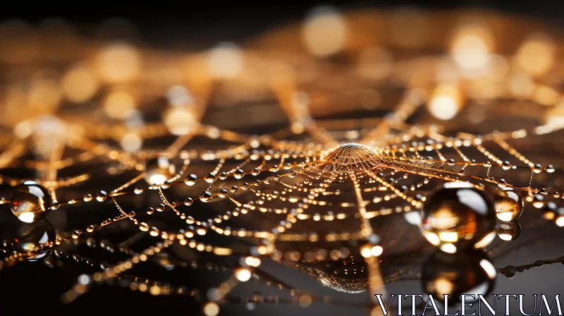 Golden Spider Web with Water Droplets and Atmospheric Cityscapes AI Image