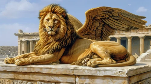 Majestic Winged Lion Digital Painting | Ruined Temple | Realistic Style