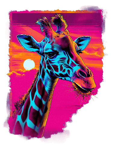 POD Design Neon Giraffe Head Illustration with Sunset and Vintage Flair