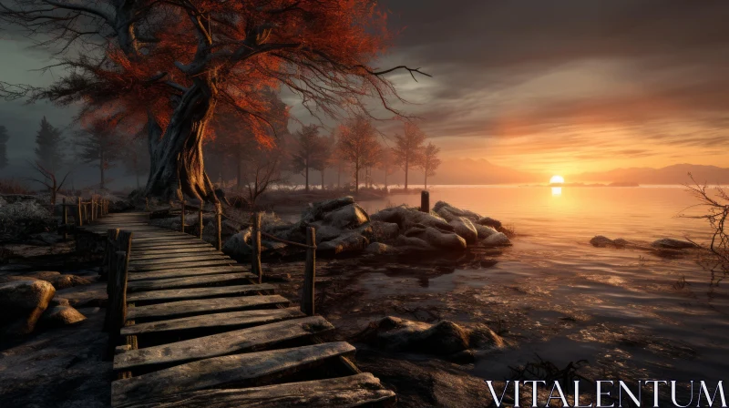 Secluded Sunset: Wooden Bridge Over Water AI Image
