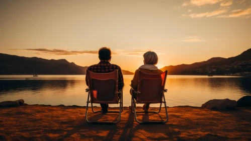 Serene Evening Sunset: Couple Sitting in Wooden Lounge Chairs at the Lake