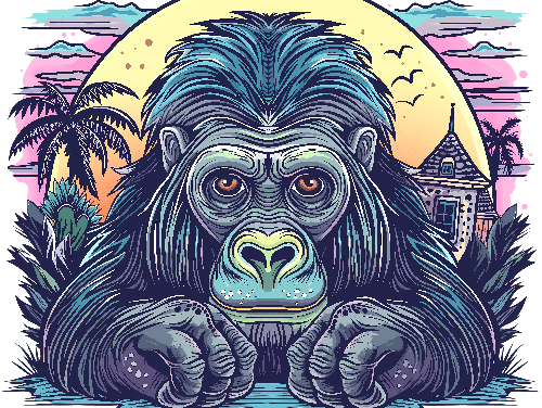 Tropical Gorilla T-Shirt Design with Serene Sunset