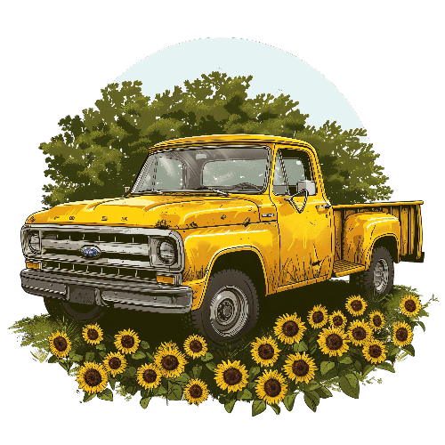 Yellow Retro Pickup Truck Amidst Sunflowers and Trees