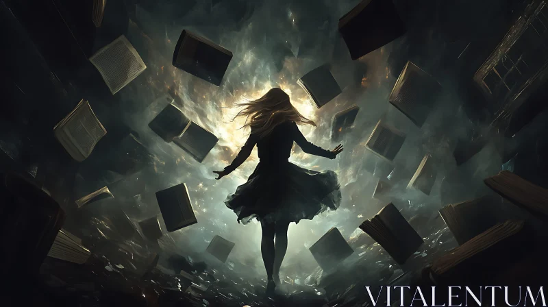 Woman Surrounded by Floating Books AI Image