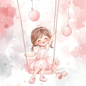 Whimsical Pink Cartoon of Girl Swinging