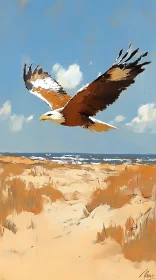 Eagle in Flight Over Beach