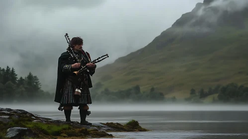 Bagpiper in Traditional Dress by Lake