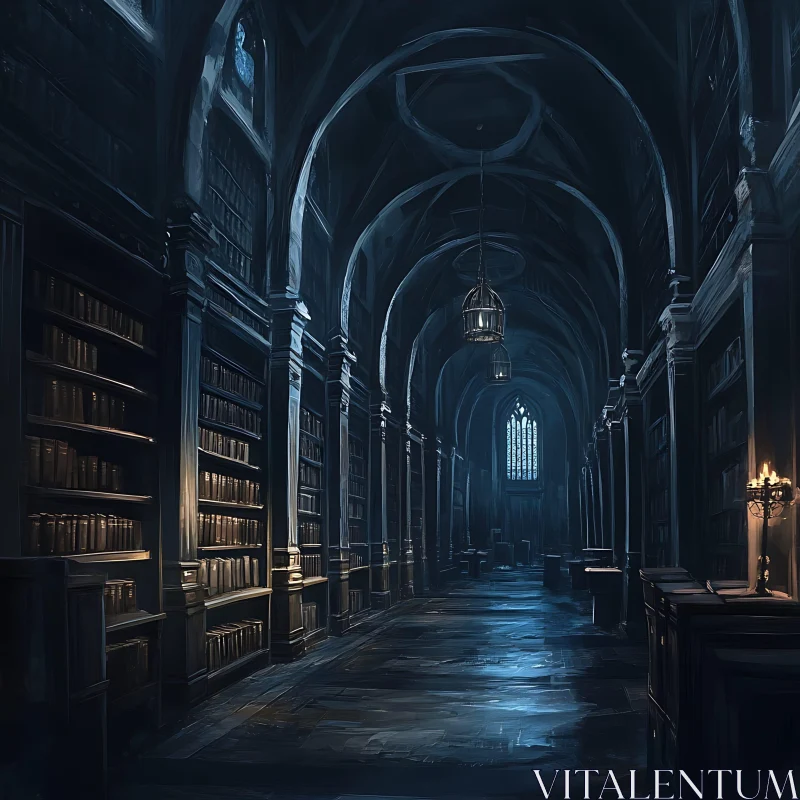 AI ART Dark Library Hallway with Bookshelves