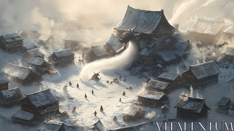 Snowy Village in Winter Landscape AI Image