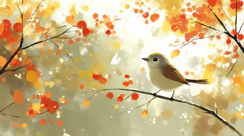 Autumn Leaves and Perched Bird