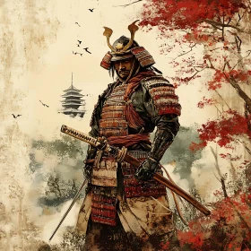 Japanese Warrior with Sword and Armor