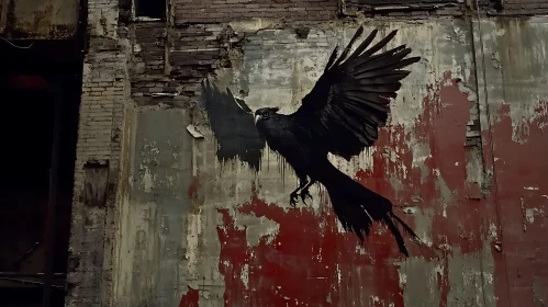 Black Bird Mural on Distressed Wall