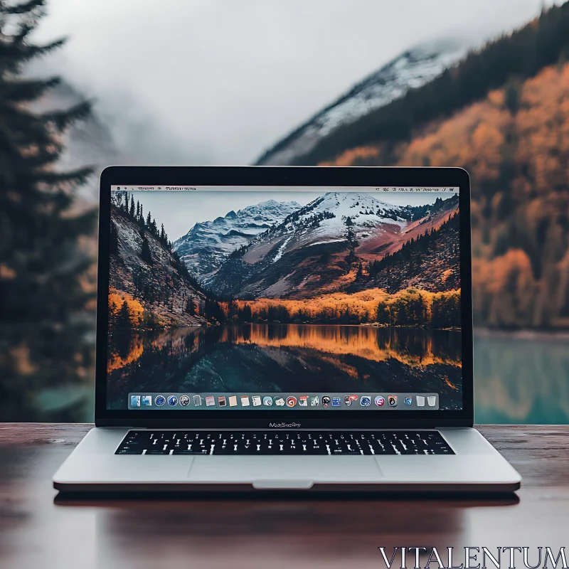 Mountain Scene on Laptop in Natural Setting AI Image