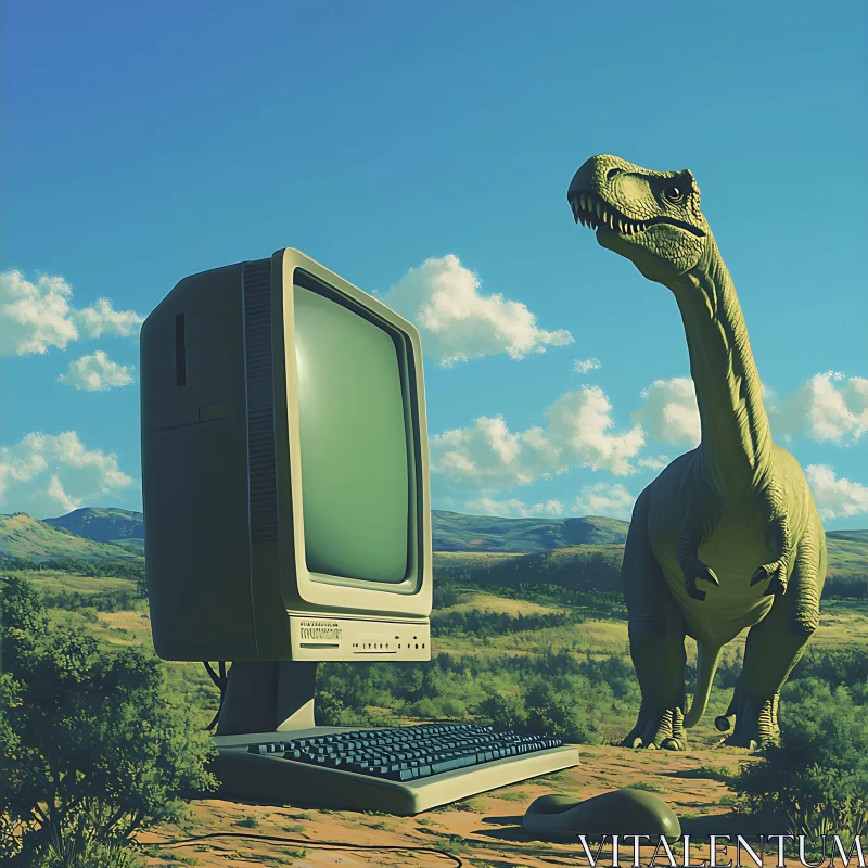 Dinosaur with Old Computer in Surreal Setting AI Image