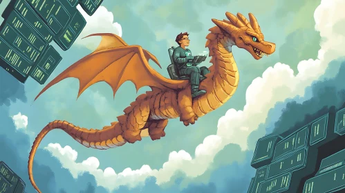 Rider on Dragon Soaring Through City Skies