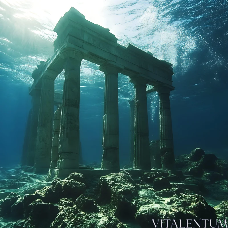 AI ART Ancient Temple Submerged in Blue Depths