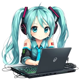 Tech-Savvy Anime Girl with Headphones and Laptop