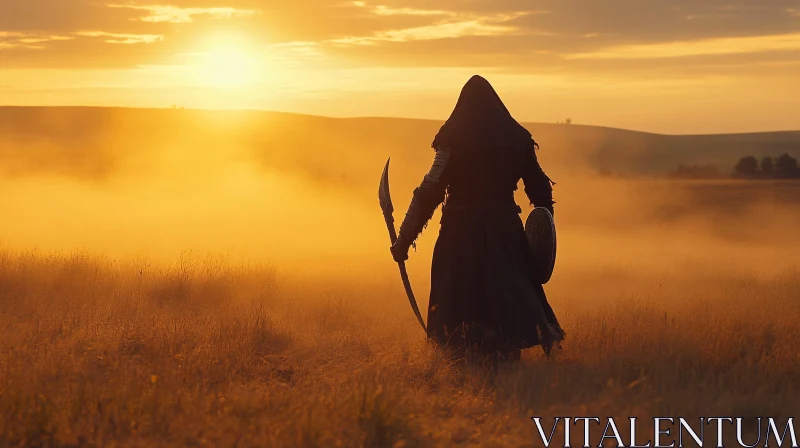 AI ART Warrior in Field at Sunset