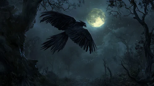 Night Raven in the Dark Forest