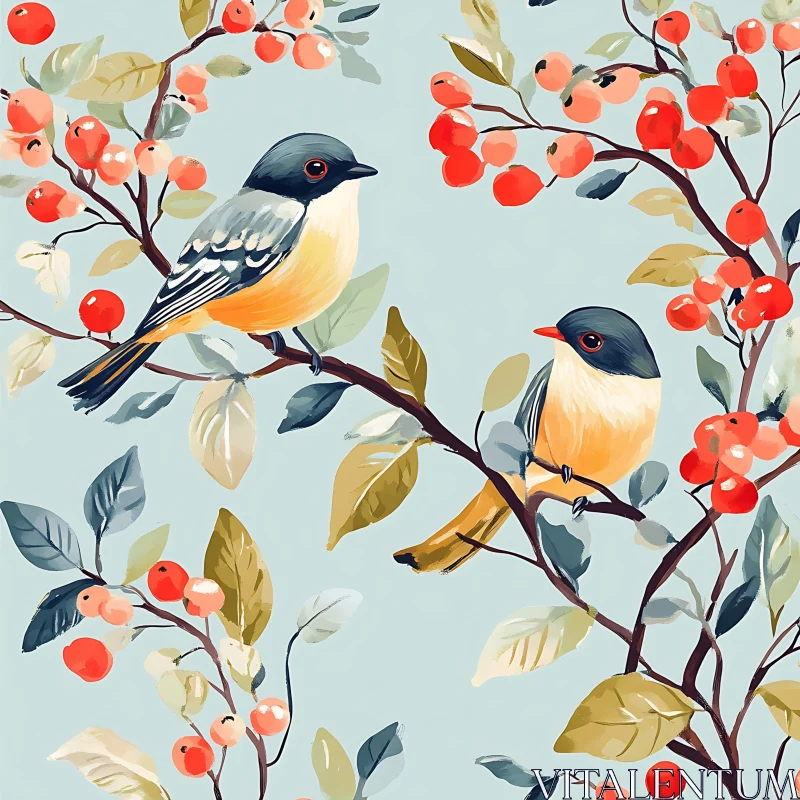 Peaceful Birds on Berry Branches AI Image