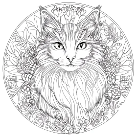 Cat with Floral Background Line Art Drawing